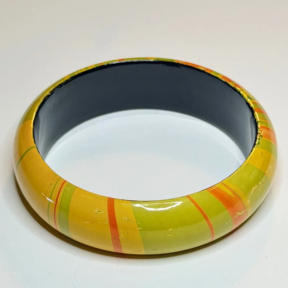 Vintage 1970s Takahashi San Francisco Lacquer Bangle Bracelet Green Orange Japan